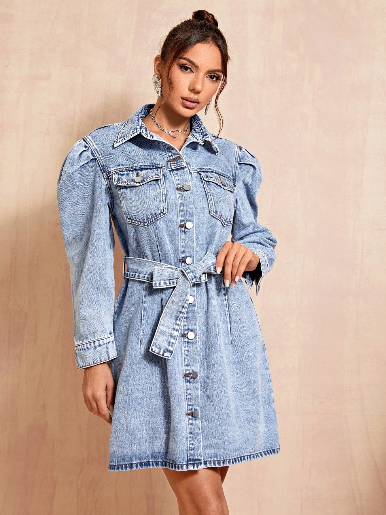 Flap Pocket Belted Denim Dress