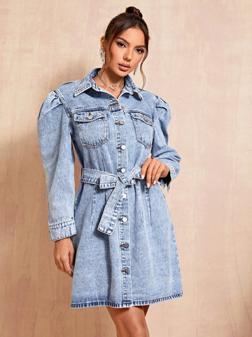 Flap Pocket Belted Denim Dress