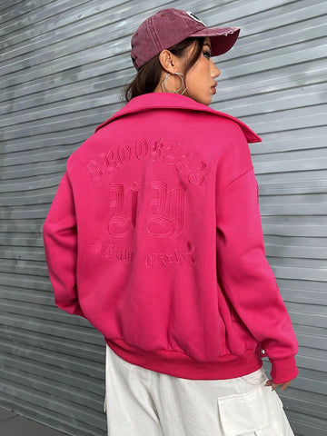 Letter Graphic Drop Shoulder Zip Up Drop Shoulder Jacket