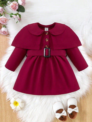 Baby Girl Peter Pan Collar Belted Trench Coat & Solid Dress