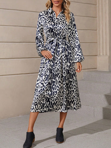 Allover Print Belted Shirt Dress