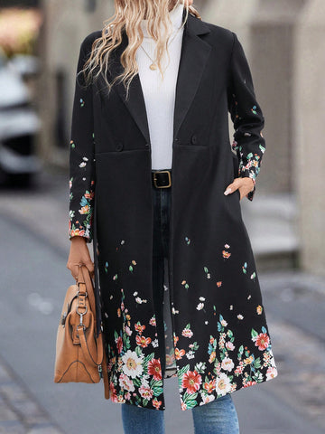 Floral Print Lapel Collar Slant Pocket Overcoat