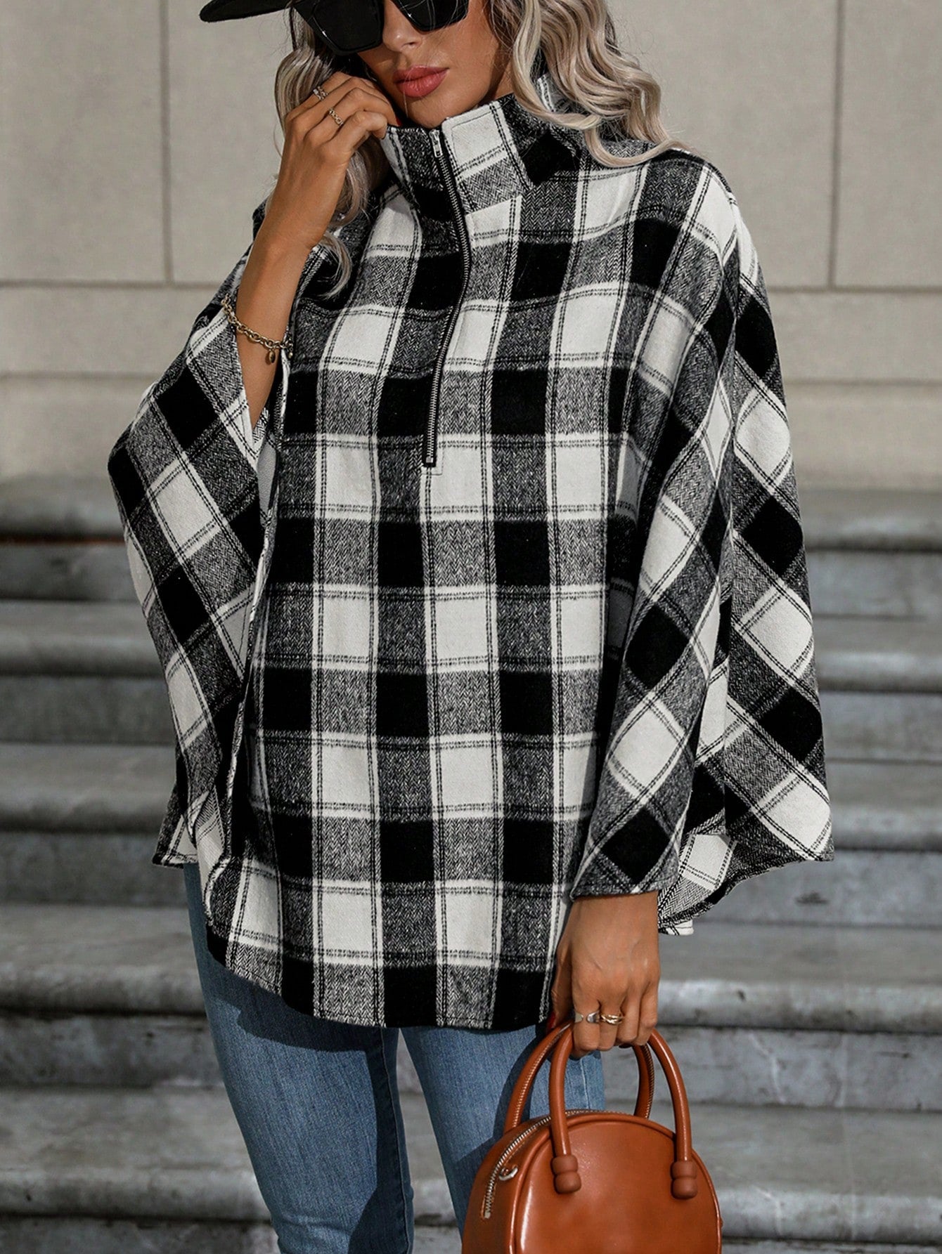 Plaid Print Batwing Sleeve Zip Up Cape Coat