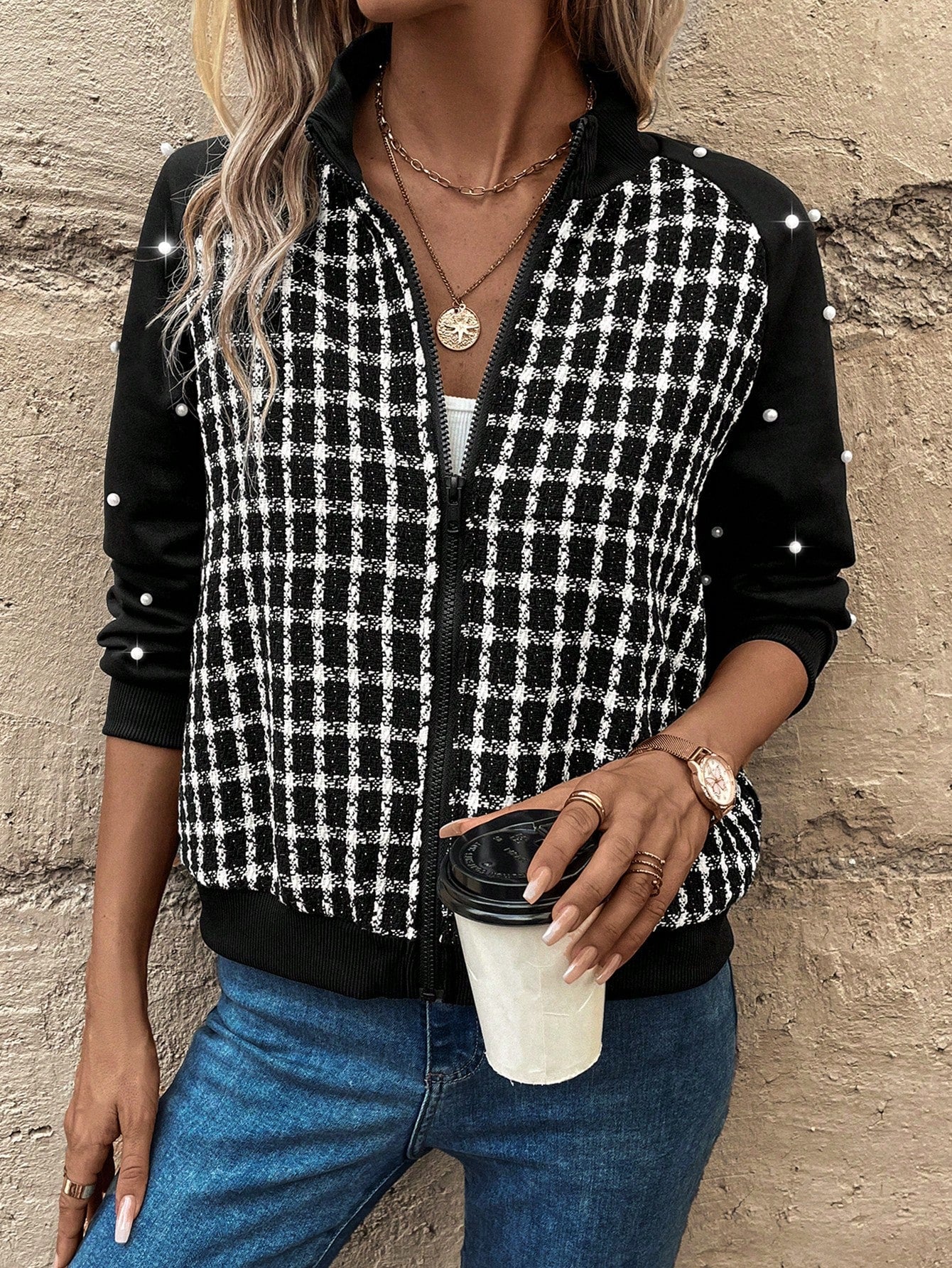 Plaid Pattern Raglan Sleeve Zip Up Tweed Jacket