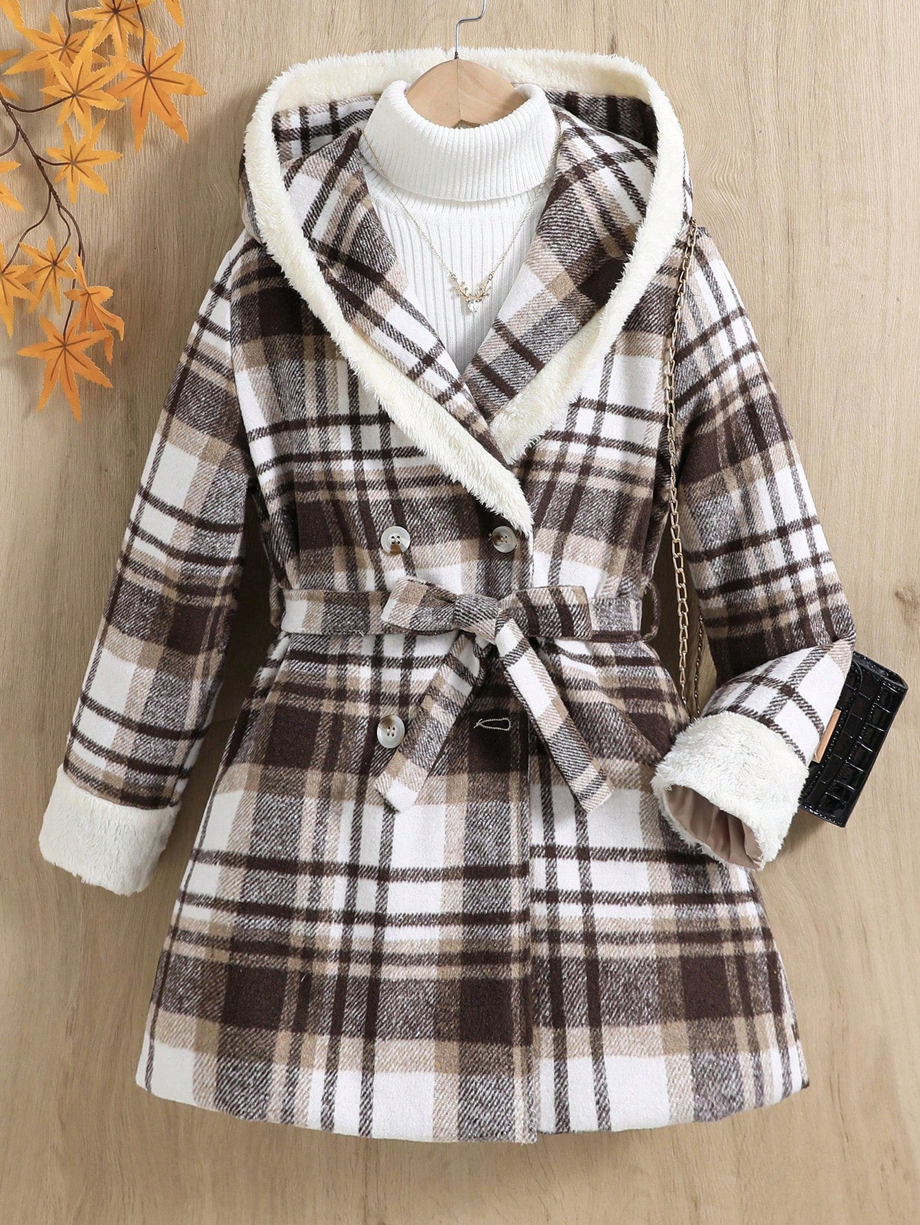 Tween Girl 1pc Plaid Print Double Breasted Hooded Belted Overcoat