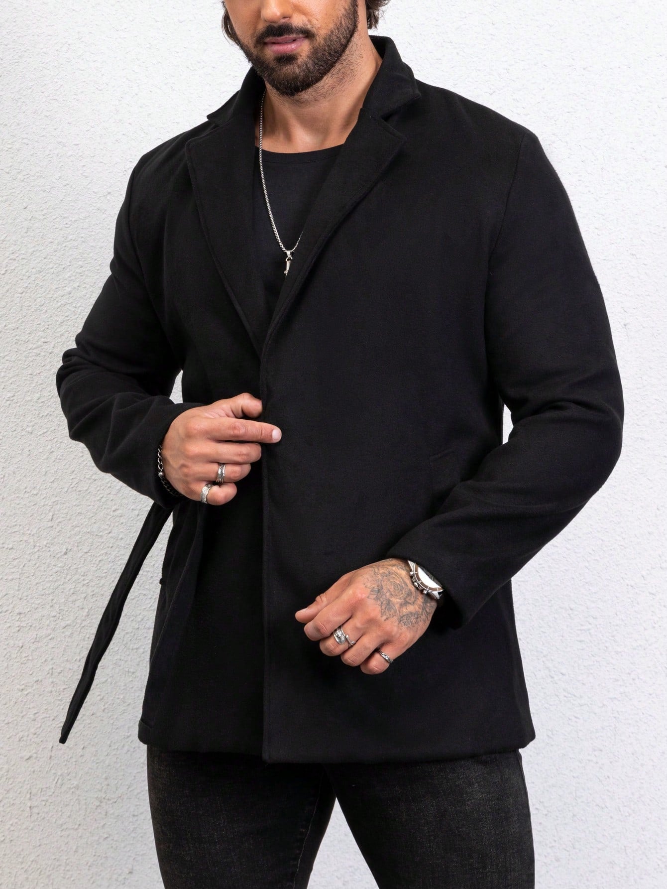 Men Lapel Neck Belted Overcoat