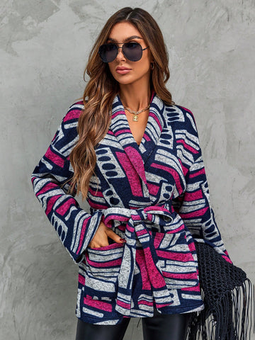 Allover Print Shawl Collar Belted Coat