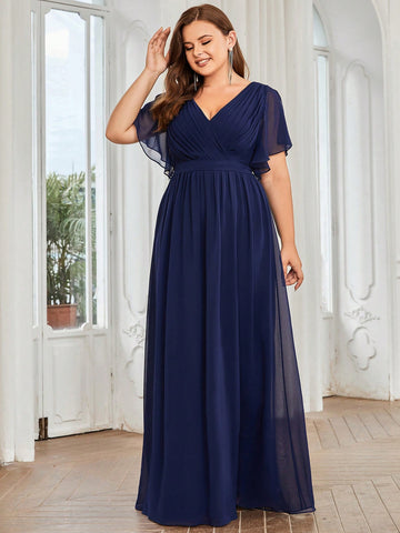 EVER-PRETTY Plus Split Sleeve Ruched Belted Chiffon Bridesmaid Dress