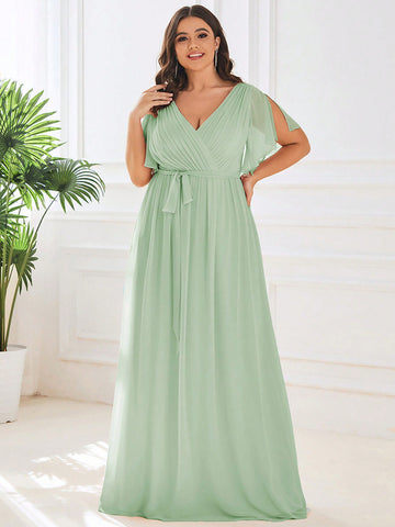 EVER-PRETTY Plus Split Sleeve Ruched Belted Chiffon Bridesmaid Dress