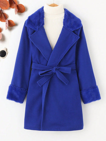 Tween Girl 1pc Fuzzy Panel Belted Overcoat