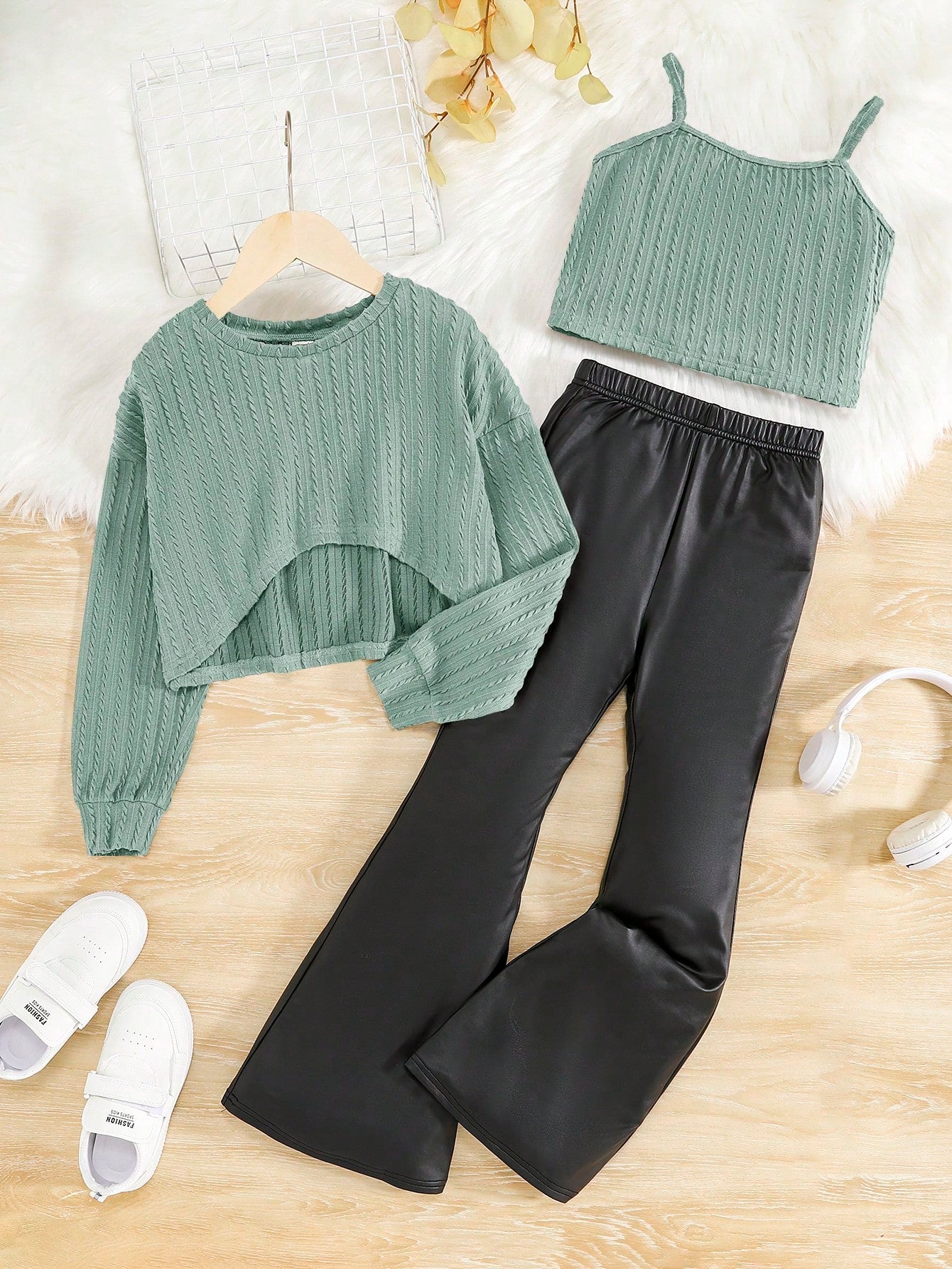 Tween Girl Solid Cami Top & Flare Leg Pants & Crop Pullover