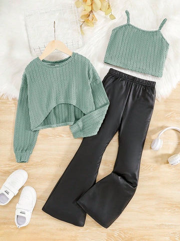 Tween Girl Solid Cami Top & Flare Leg Pants & Crop Pullover