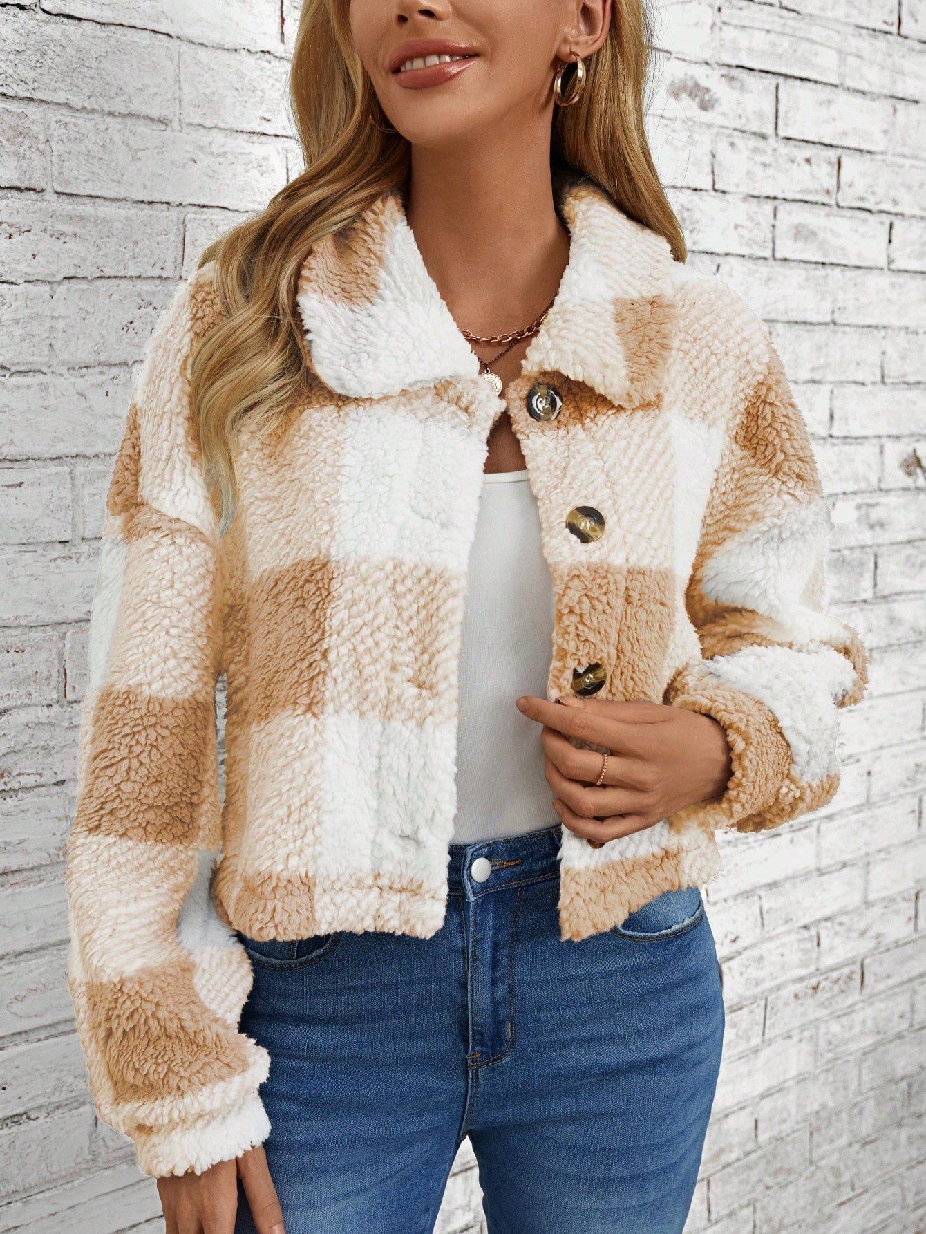 Buffalo Plaid Print Drop Shoulder Teddy Jacket