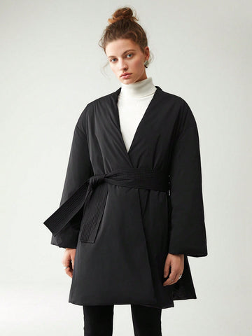 Solid Drop Shoulder Belted Winter Coat