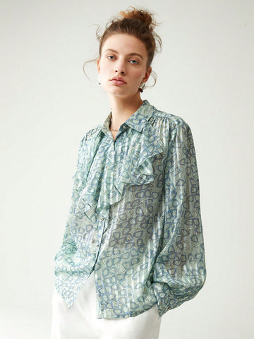 Allover Print Ruffle Trim Shirt