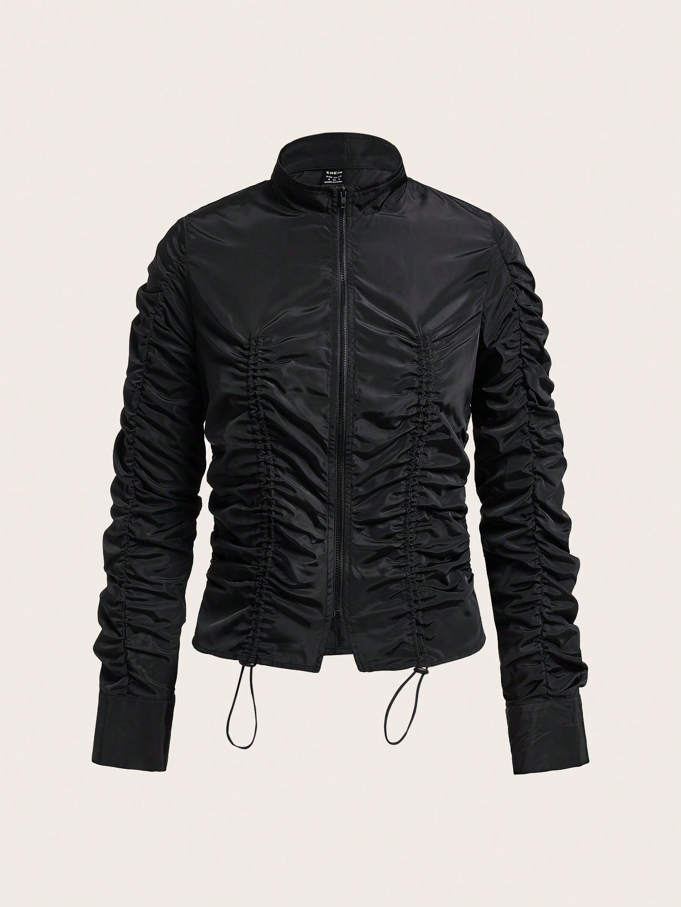 Drawstring Front Ruched Zip Up Jacket