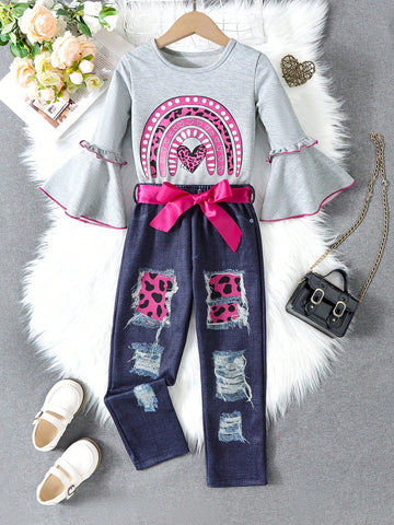 Young Girl Butterfly Print Flounce Sleeve Tee & Ripped Patched Jeans