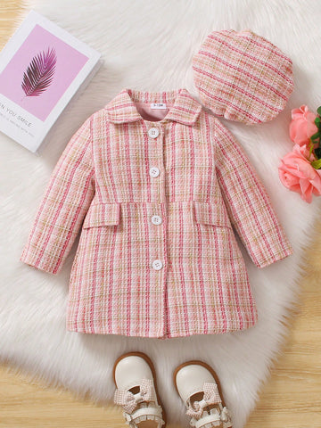 Baby Girl Plaid Pattern Flap Detail Overcoat & Hat