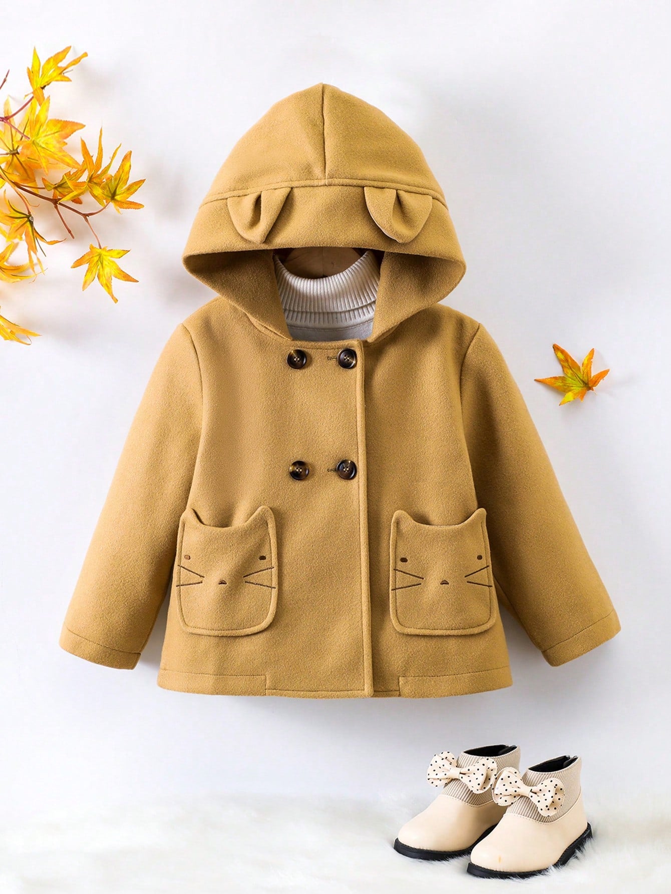 Young Girl 1pc Double Breasted 3D Ear Design Hooded Overcoat