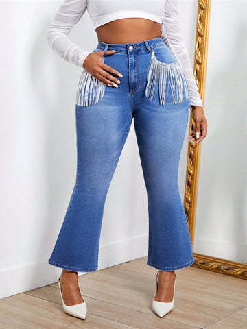 Plus High Waist Fringe Trim Flare Leg Jeans