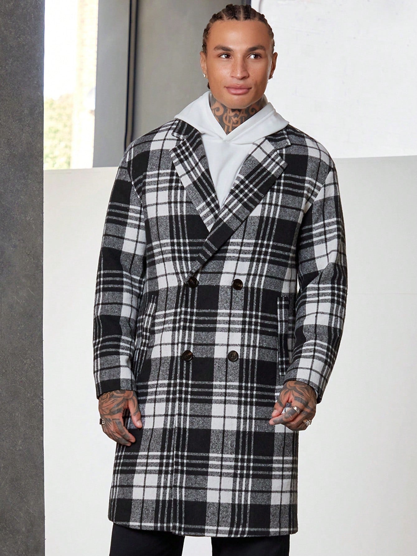 Loose Fit Men's Plaid Double Breasted Overcoat