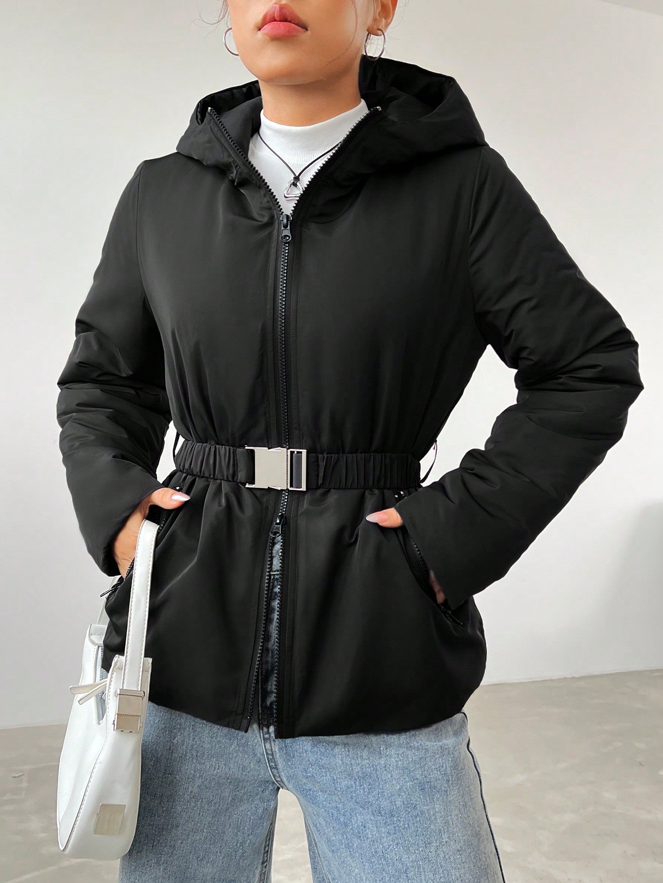 Zip Up Hooded Belted Winter Coat