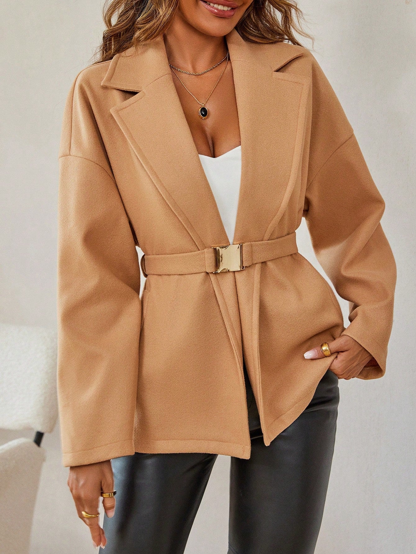 Lapel Neck Drop Shoulder Belted Overcoat