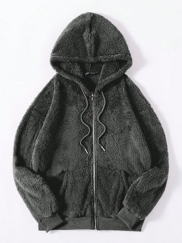 Drawstring Hooded Zipper Teddy Jacket