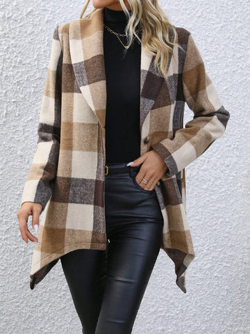 Plaid Shawl Collar Asymmetrical Hem Overcoat