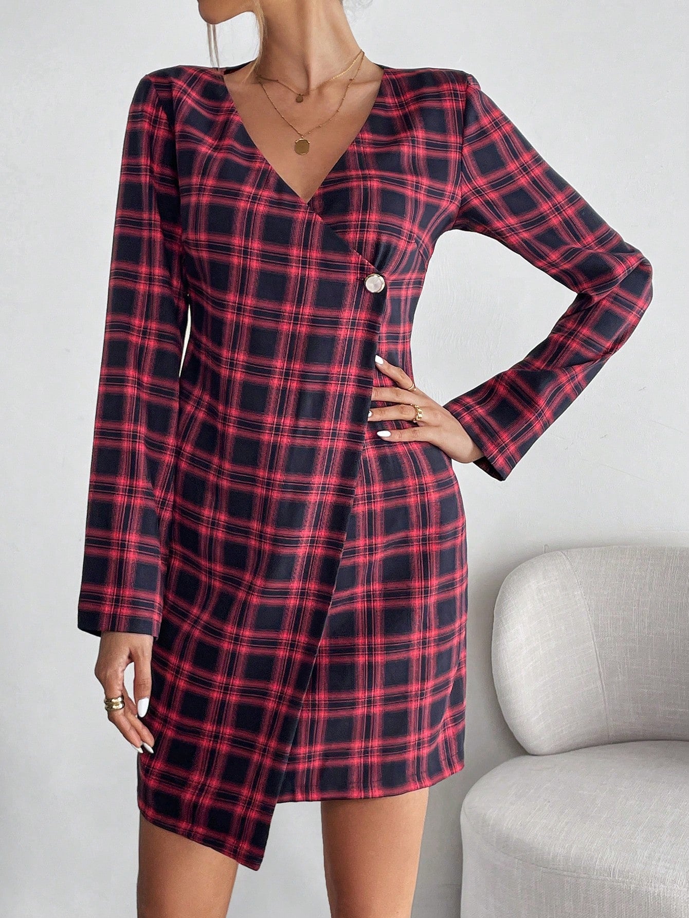 Plaid Print Button Detail Wrap Dress