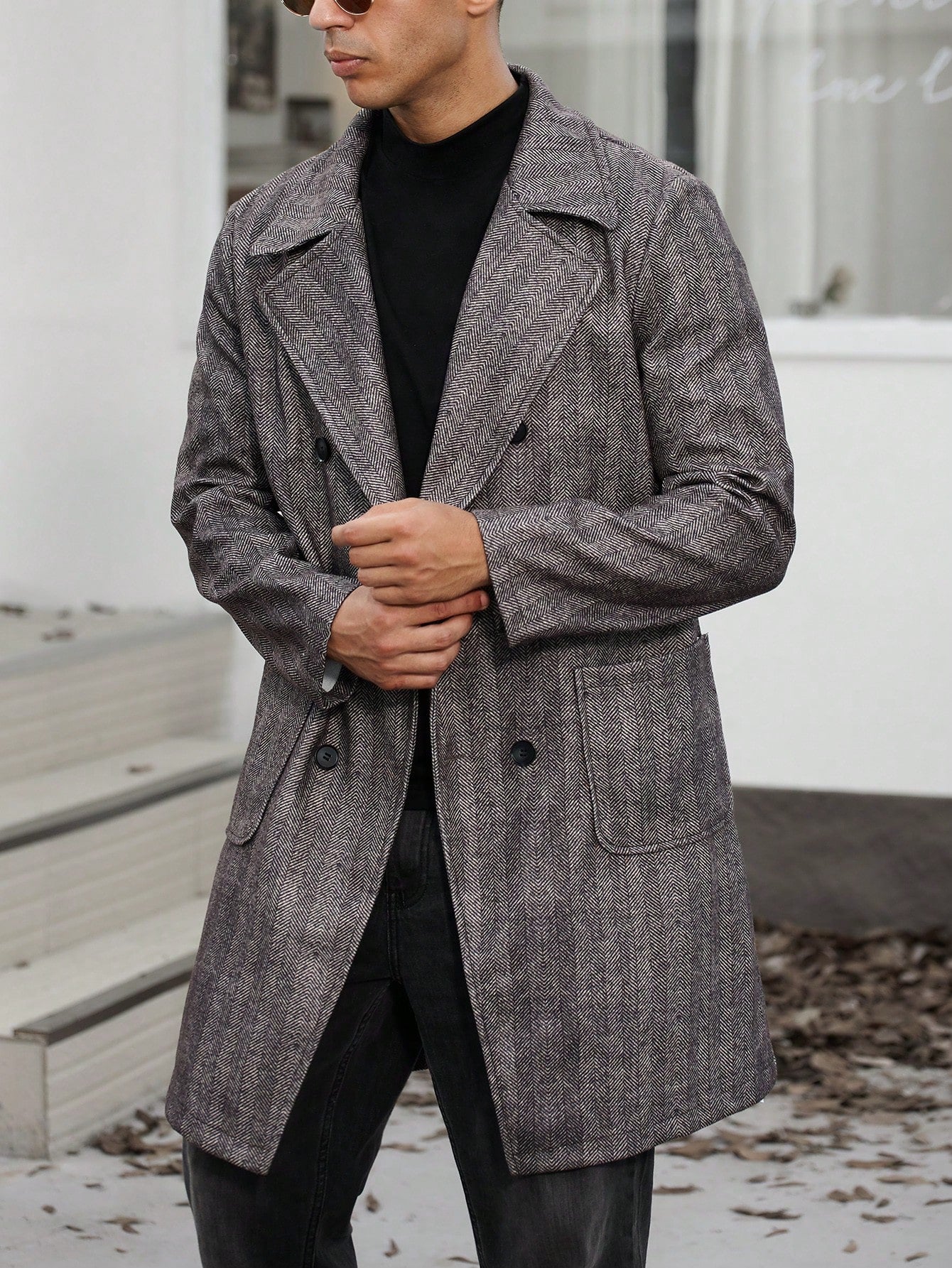 Men Herringbone Pattern Double Breasted Overcoat