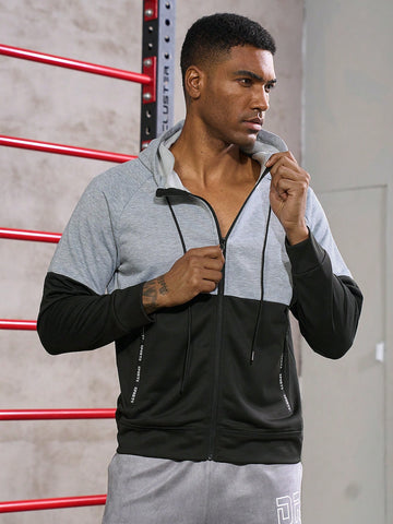 Men Two Tone Zip Up Drawstring Hooded Sports Jacket Workout Tops