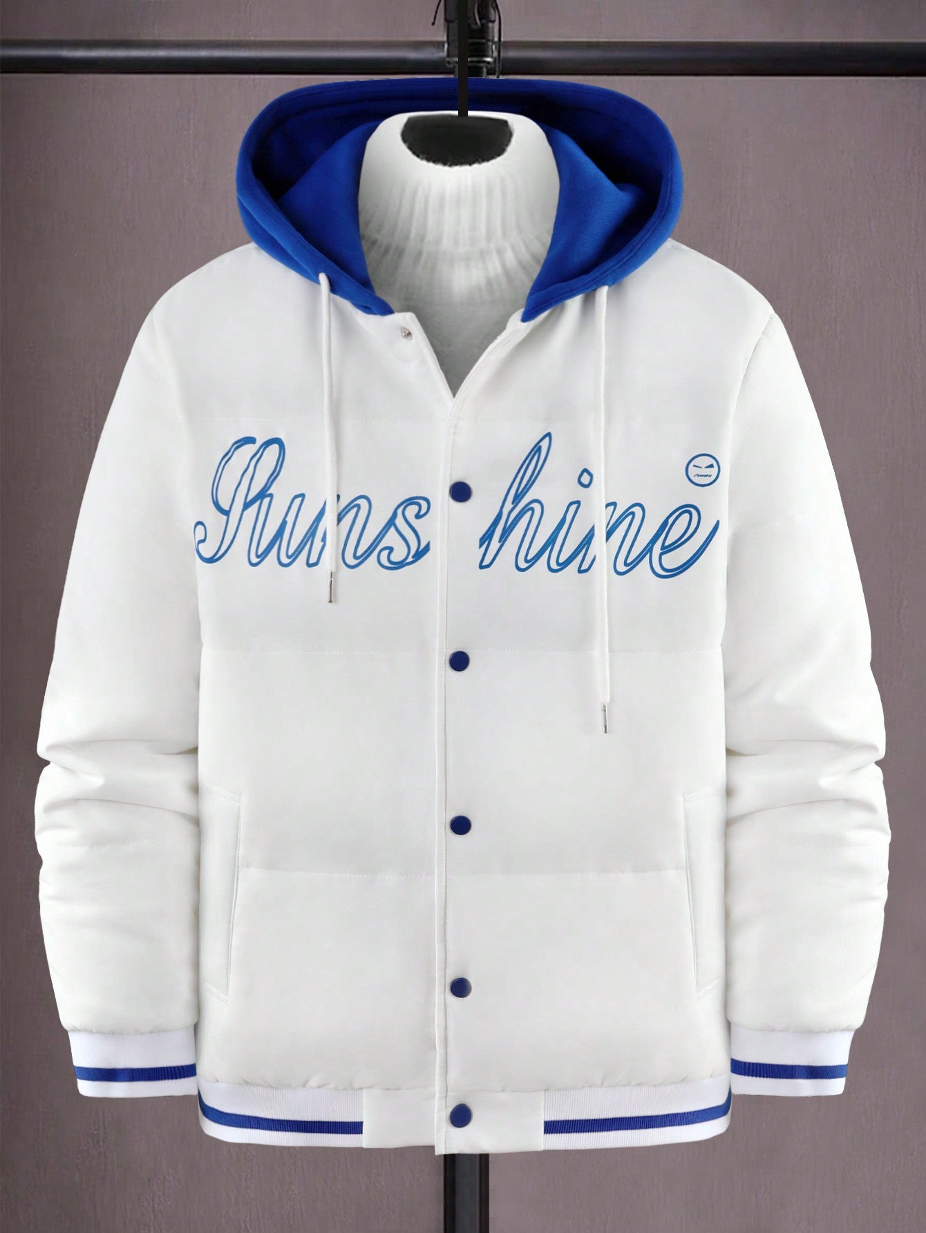 Loose Fit Men's Letter Graphic Hooded Winter Coat With Striped Trim And Drawstring (Without Sweater)