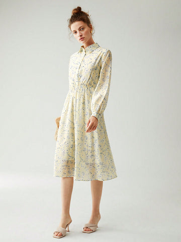 Ditsy Floral Print Button Front Shirt Dress