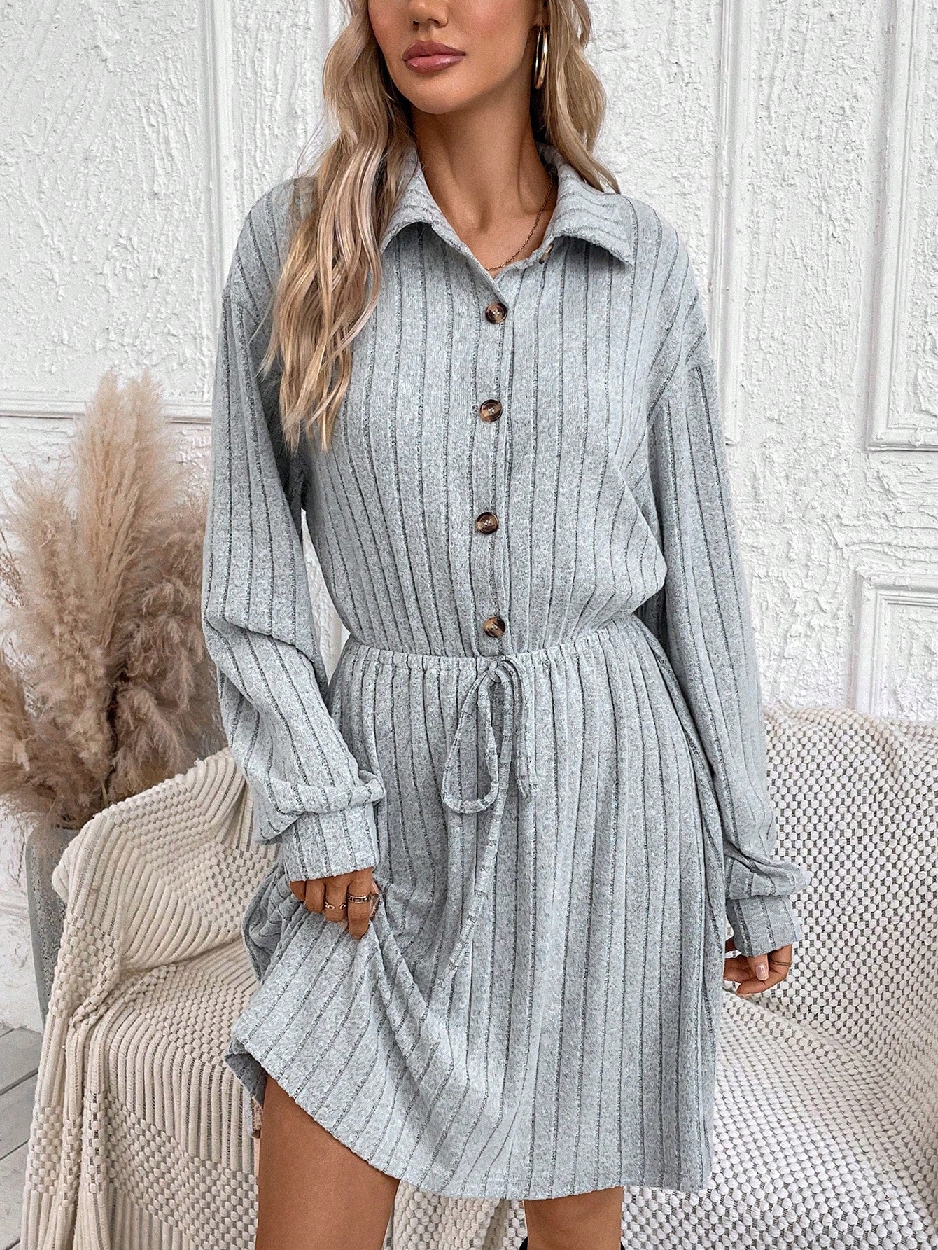 Drop Shoulder Knot Front Ribbed Knit Belted Shirt Dress