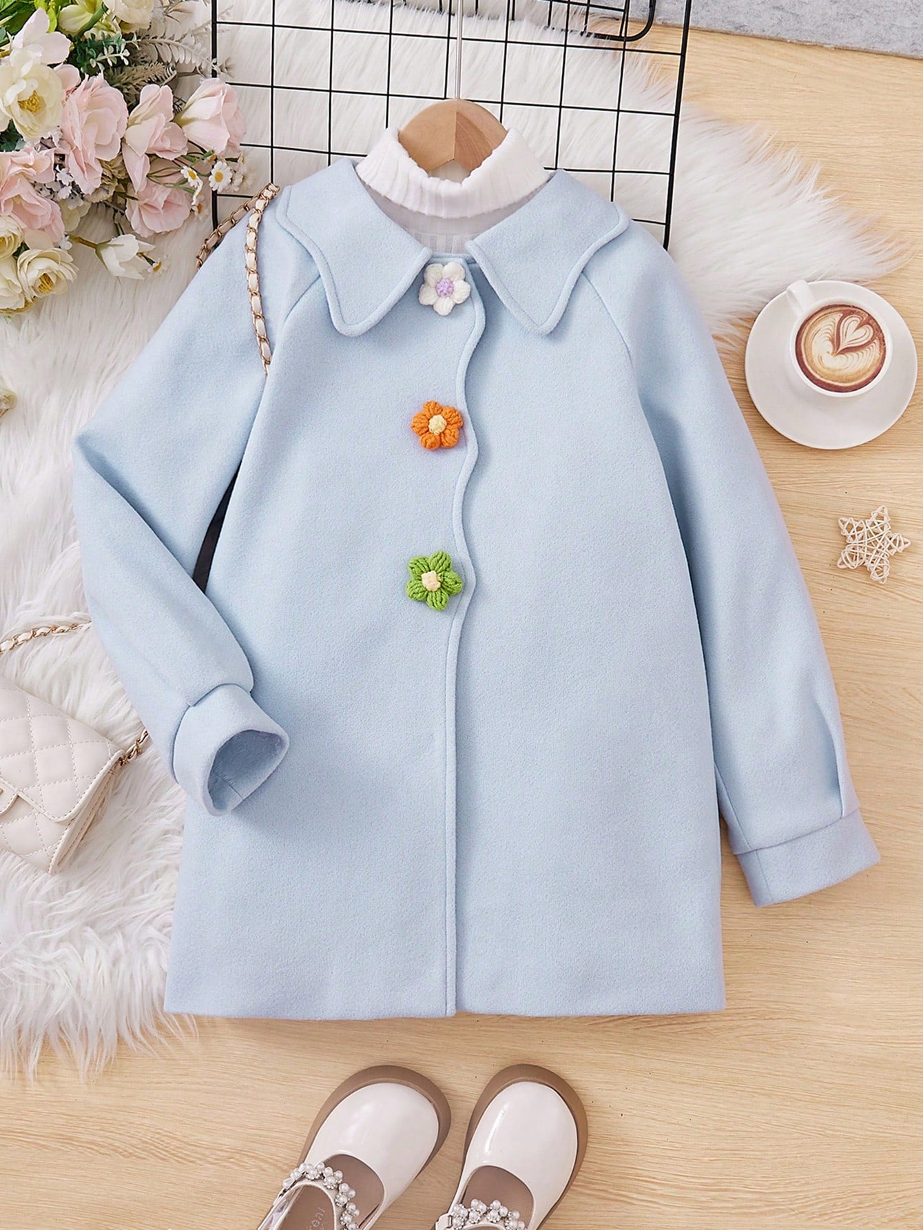 Tween Girl 1pc Floral Button Raglan Sleeve Overcoat