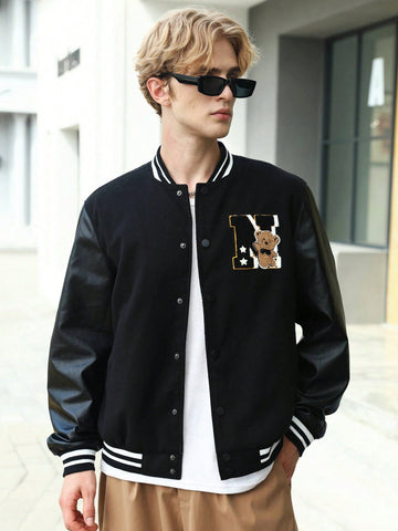 Men's Oversize Varsity Jacket With Patchwork And Striped Trim Detail