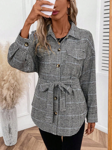 Drop Shoulder Belted Plaid Coat