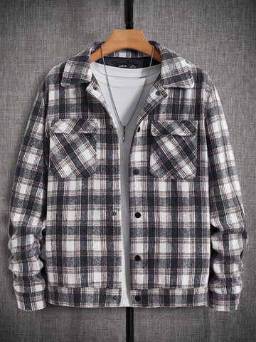 Loose Fit Men's Plaid Print Overcoat With Flap Pockets (Without T-Shirt)