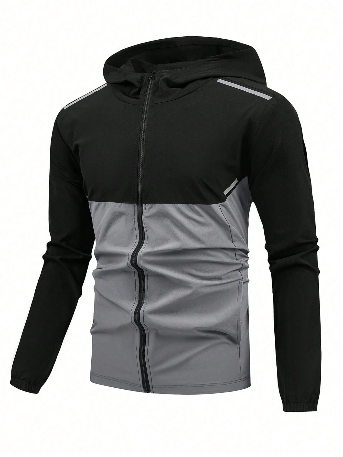 Men Two Tone Zip Up Hooded Sports Jacket Workout Tops