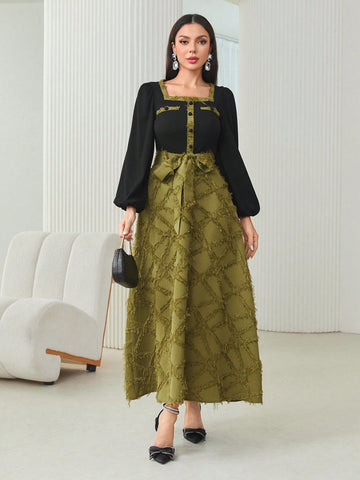 Square Neck Lantern Sleeve Belted Jacquard Dress