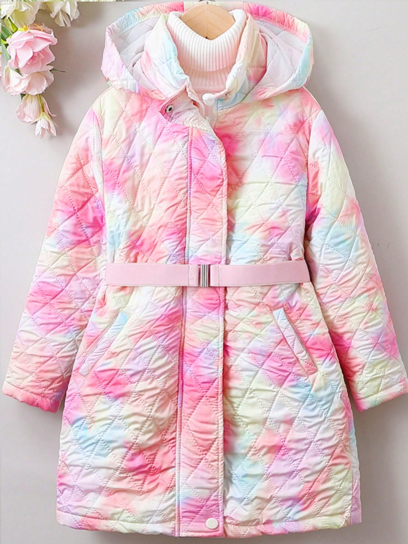 Tween Girl Tie Dye Hooded Belted Quilted Coat Without Sweater