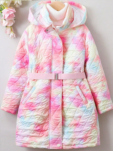 Tween Girl Tie Dye Hooded Belted Quilted Coat Without Sweater