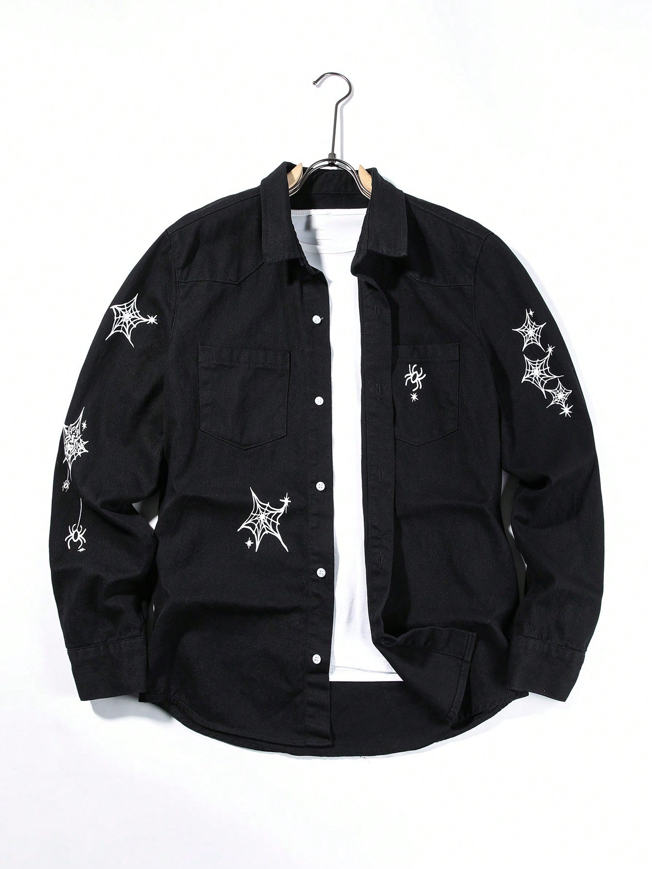 Men Spider & Web Graphic Dual Pocket Denim Shirt Without Tee