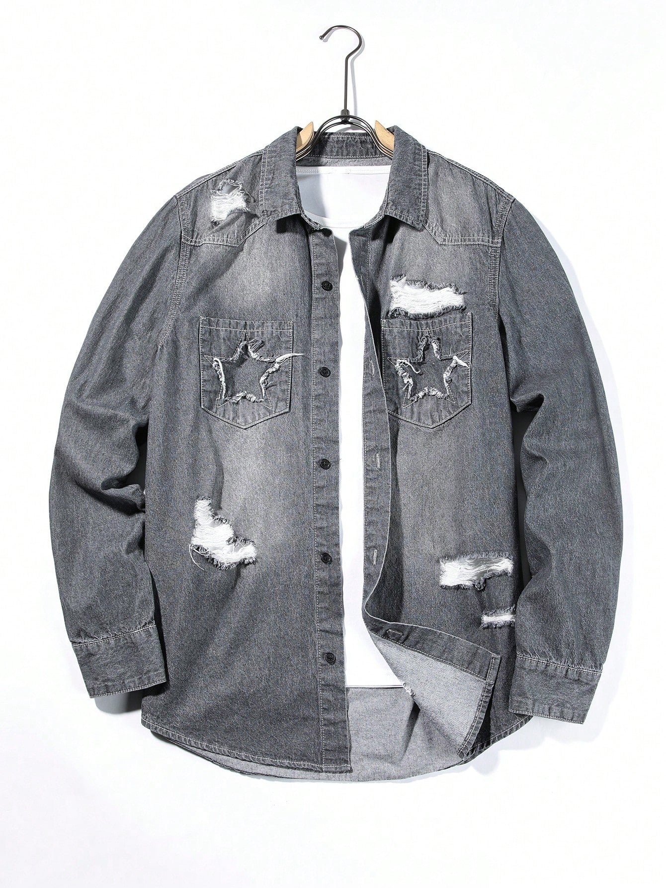 Men Ripped Denim Shirt Without Tee