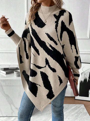 Graphic Pattern Batwing Sleeve Mock Neck Asymmetrical Hem Knit Poncho