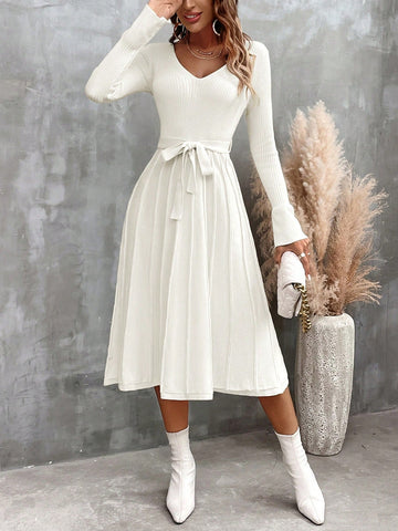 Solid Belted Ribbed Knit Belted A-line Sweater Dress