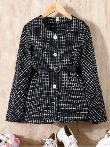 Tween Girl Plaid Print Trumpet Sleeve Belted Tweed Coat