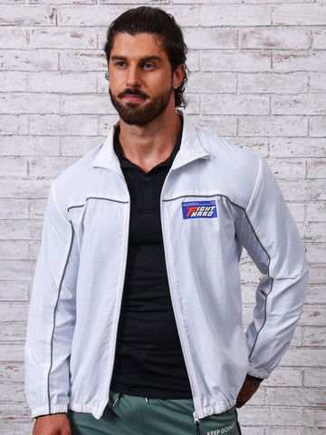 Men Letter Graphic Contrast Piping Zip Up Sports Jacket Workout Tops