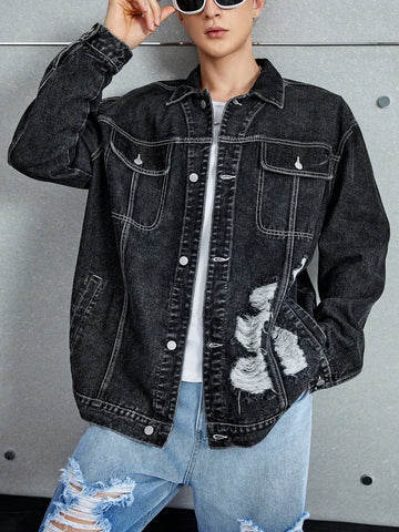 Men's Ultra-Loose Ripped Flap Pocket Denim Jacket